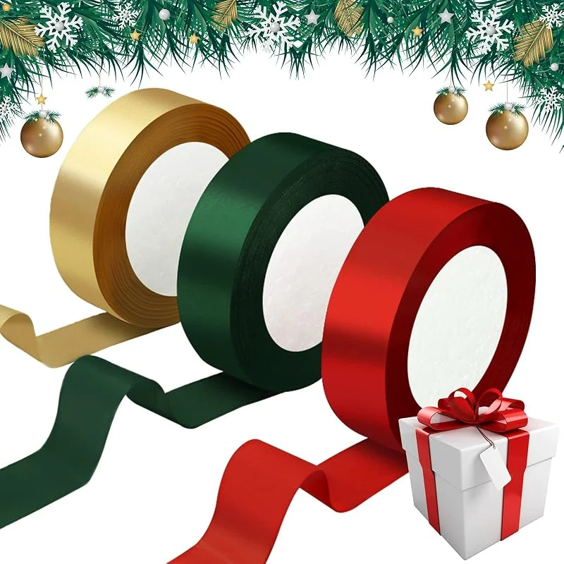 Annhao Cinta de Raso Navideña para Envolver Regalos, 25mm x 69M Cintas Decorativas 3 Rollo Cinta de Navidad Roja Verde Oscuro Dorado para Manualidades, Cintas para Decoraciones Navideña Lazos Regalos — Envoltorio regalo