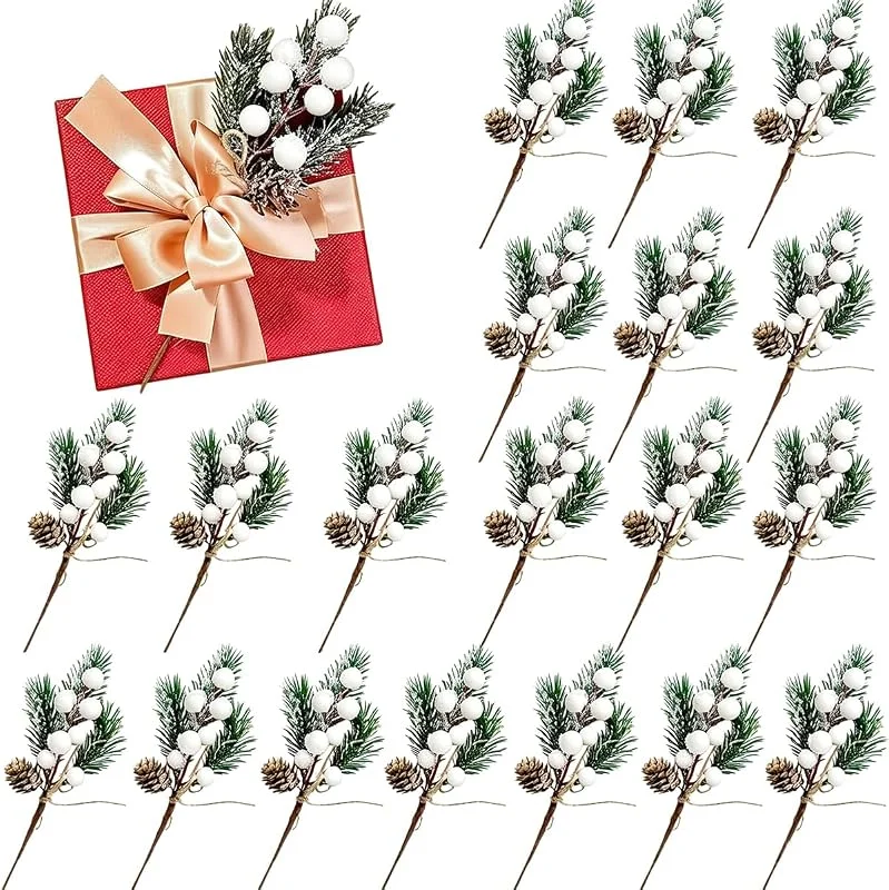Mirrwin 20 bayas artificiales blancas de Navidad con ramas de abeto, decoración — Decoracion Navidad