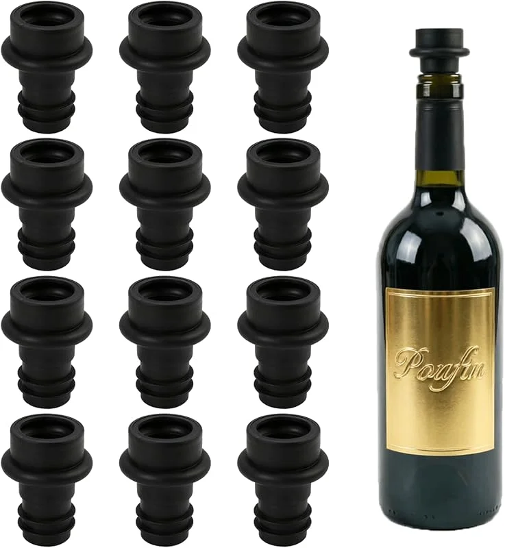 Aelxveba 12 Piezas Tapones Vacío para Botellas de Vino de Silicona Reutilizables, Tapones de Silicona para Botellas de Vinos, Tapón Reutilizables De Goma, Protector para Bomba de Vino Tapón (Negro) — Vino y mesa festiva
