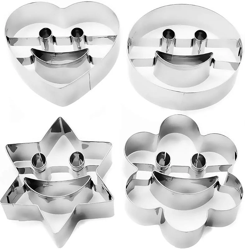 HomeTools.eu 4 cortadores de galletas con sonrisa para galletas divertidas, emoji sonriente, corazón, estrella, flor, acero inoxidable, 4 unidades — Hogar y cocina