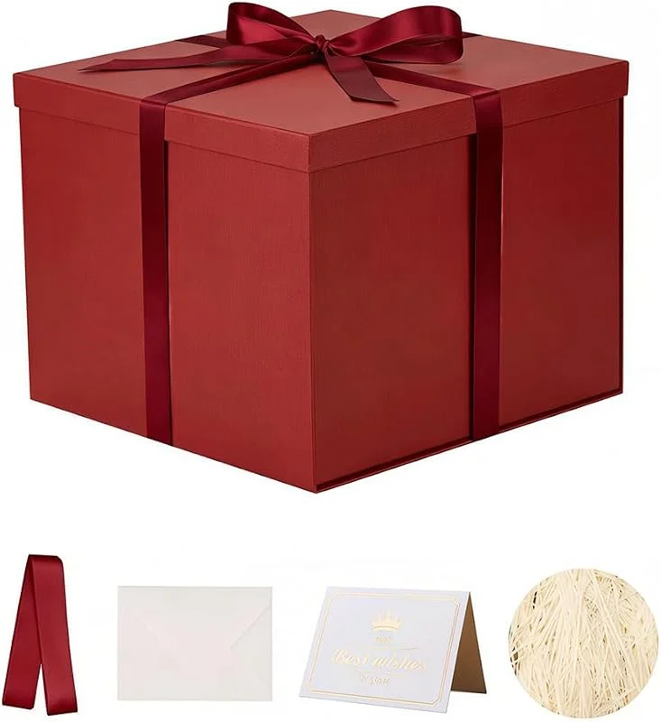 KdmNzoo rojo Caja Regalo Grande 32x32x25 cm, Cuadrado Cajas de Regalo Premium con Tapa y Cinta para Regalos de San Valentín, Navidad, Bodas, Navidad Incluye Papel seda triturado Tarjetas sobre — Envoltorio regalo