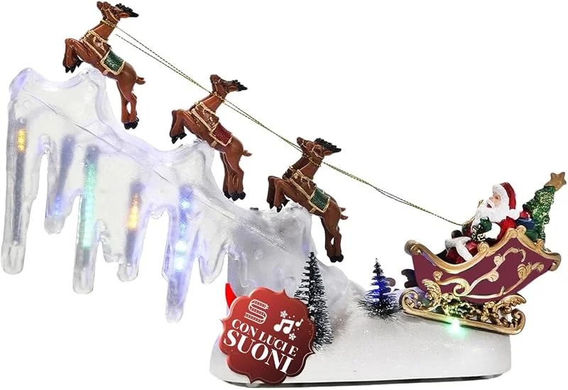 Avilia Trineo navideño con Luces LED y música en Movimiento, 29 x 6 x 29 cm (Largo x Ancho x Alto) para decoración navideña de casa y pueblos de Navidad, Funciona con Pilas, Escena giratoria con — Decoracion Navidad