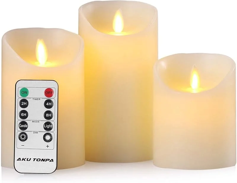 Hausware Juego de 3 velas negras con textura regular sin llama, funciona con pilas LED de cera real parpadeante con temporizador de control remoto para bodas, Halloween, decoraciones navideñas — Cena a la luz de velas