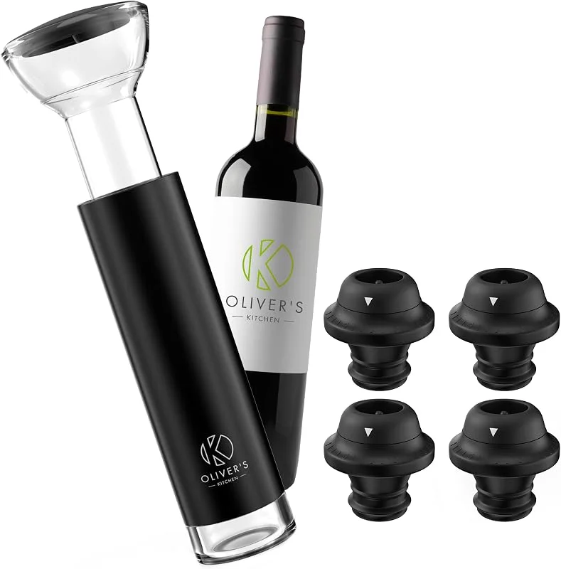 Visita la tienda de Oliver's Kitchen Oliver's Kitchen ® Tapón Vino Bomba Vacío – 4 Tapones Vacío para Conservar Vino – Bomba Vacío Vino para Mantener el Vino Fresco más Tiempo – Accesorios Vino Perfectos para Regalos — Vino y mesa festiva