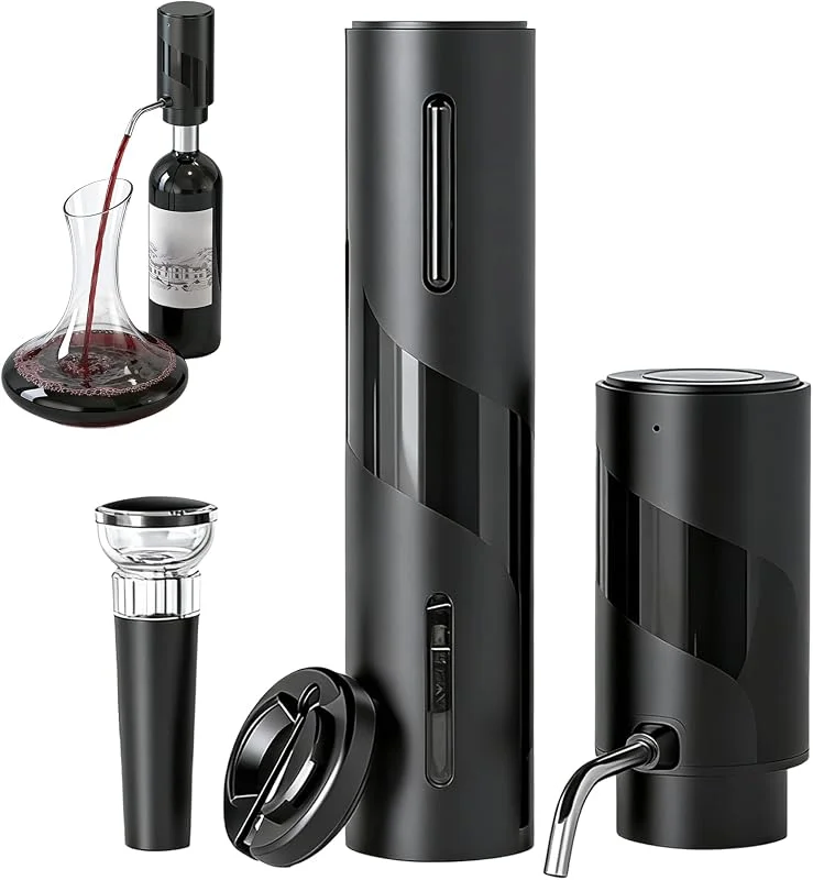 PORFOYO Sacacorchos eléctrico, aireador de vino eléctrico, juego 4 en 1, destornillador eléctrico con abridor de vino recargable, aireador de vino recargable, cortador de láminas, tapón de vacío — Vino y mesa festiva
