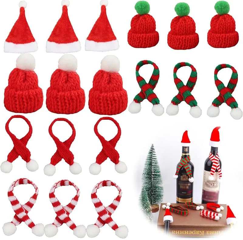 Wvxilyr 18 Piezas Mini Gorros de Papá Noel y Bufandas, Mini Sombrero de Navidad, Tapa de Botella Sombrero de Decoración, Sombrero de Piruleta, para Decoración de Navidad, Fiestas y Proyectos de Manualidades — Ropa Navidad