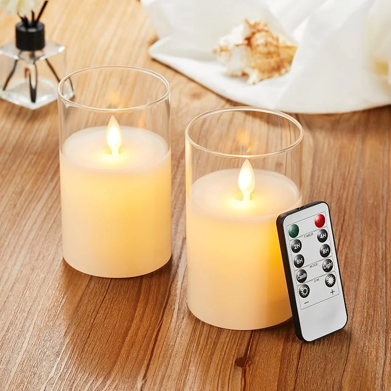Lonkenn Velas LED Pack de 2, Velas Parpadeante Sin Llama, Funciona con pilas Velas con Vidrio, Vela LED Temporizador con Mando a Distancia, Real Cera, Velas Con y Regulable, Para Dormitorio Fiesta-10cm Blanco — Luces Navidad