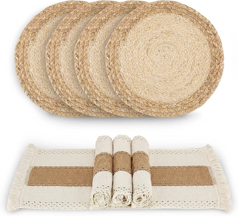 Zology Manteles Boho Hechos a Mano Salvamanteles Trenzados de Paja y Arpillera de Algodón Natural Decoración de Macramé y Manteles Individuales Estilo Granja para Mesa de Comedor Conjunto de 4 — Hogar y cocina