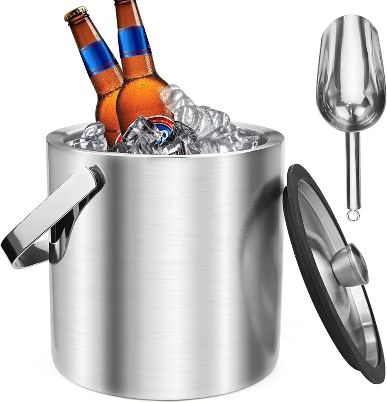JTOOYS Cubitera de 2, 2 L con tapa hermética y pala, de acero inoxidable, para cubitos de hielo, doble pared, aislante, enfriador de hielo, perfecto para cerveza, champán, vino, bebidas, frutas — Vino y mesa festiva