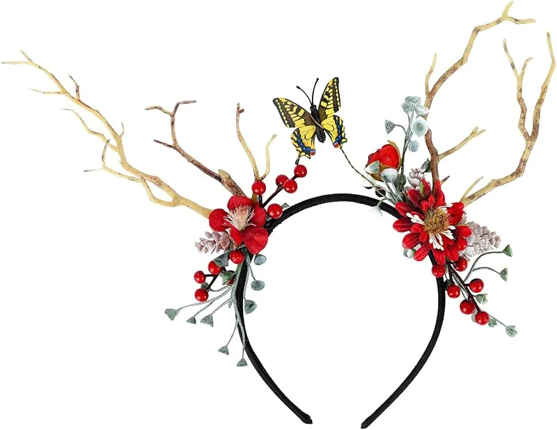 Jodsen Diadema de Navidad Diadema de Renos de Navidad con Conos de Pino Artificiales Baya Roja Diadema de Flores Aros Alce Ciervo Cuernos de Animales Sombreros Cabello Accesorios para Mujeres Niñas Fiesta — Ropa Navidad