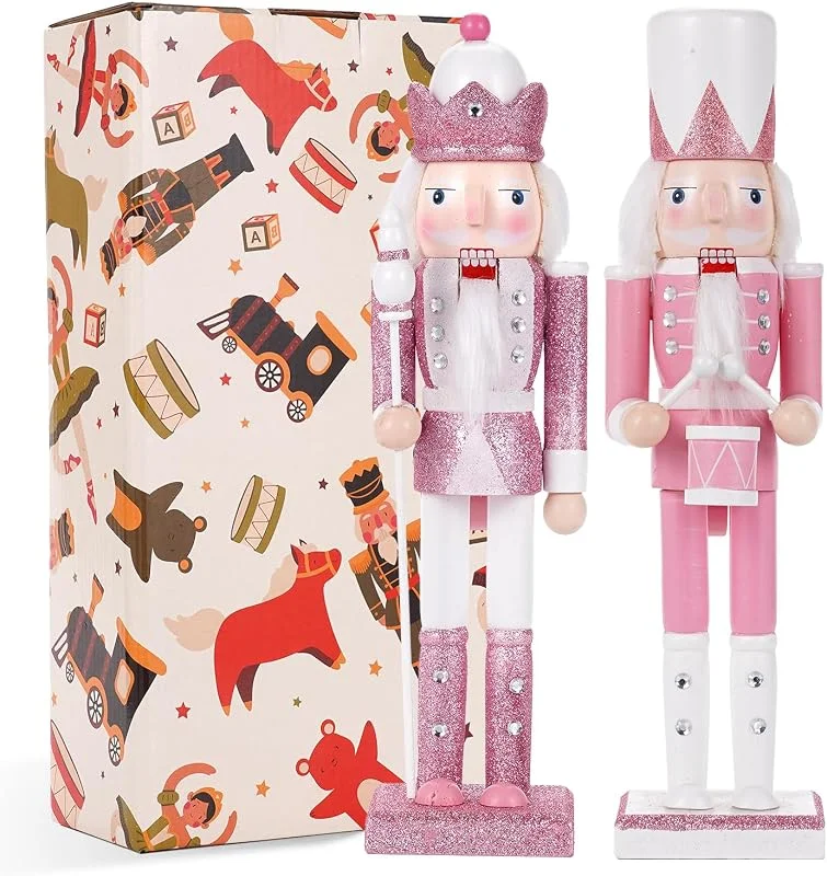 VorFor Juego de 2 Figuras de Cascanueces Rosa: Rey y Hombre Tambor, 30 cm, Adorno navideño Artesanal de Madera para decoración del hogar — Decoracion Navidad