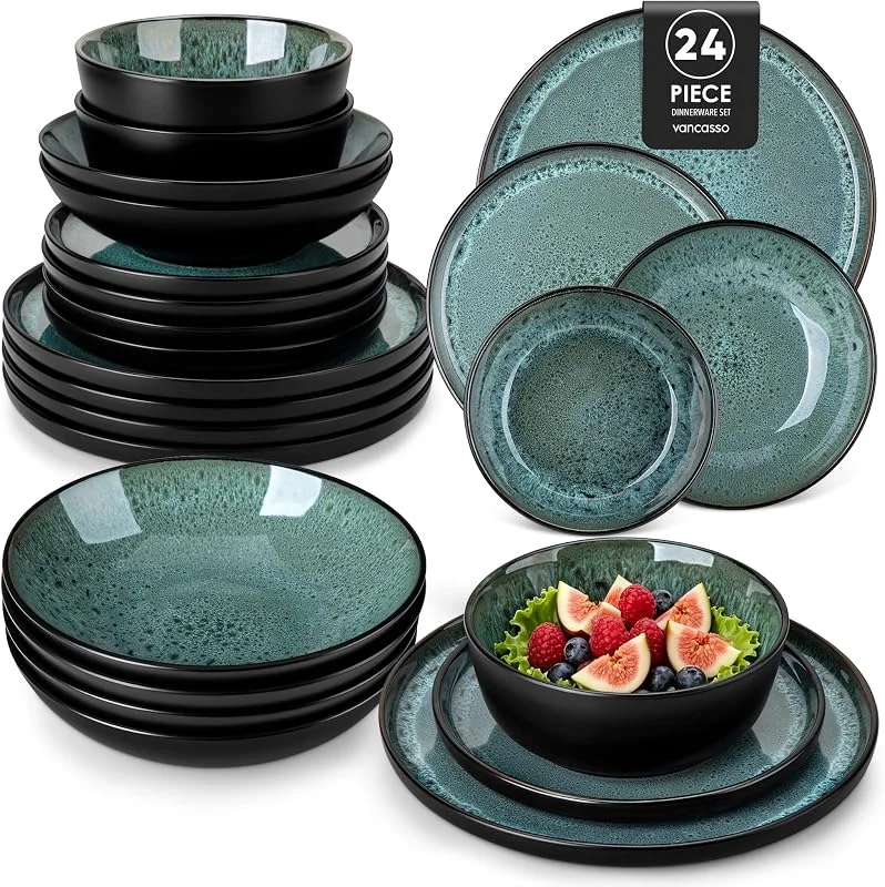 Visita la tienda de vancasso vancasso AMBER - Juego de vajilla para 6 personas (gres, 6 personas, 24 piezas, con plato llano, plato de postre, plato hondo, apto para lavavajillas, color azul pavo real — Adviento y mesa