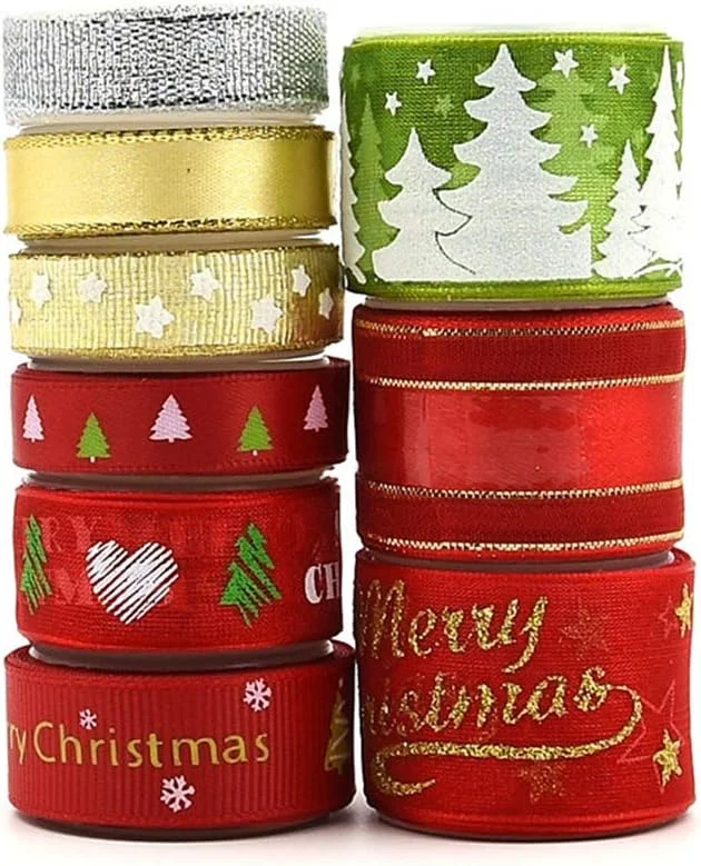 Pveath Cintas de Navidad 9 Rollos Rojo, Plata, Oro, Verde Cintas de regalo Grosgrain Ribbon Band Stripe Shiny Gift Wrap Decoración navideña Ribbon Strap Trim Hair Band Costura — Envoltorio regalo