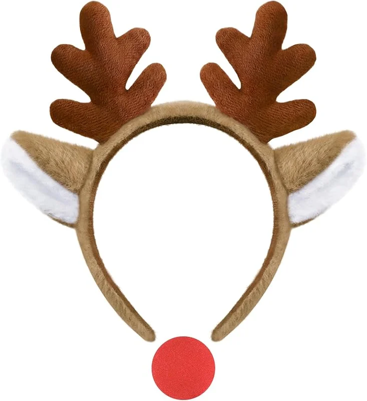 duludulu Diademas de reno, diademas de Navidad con orejas de animales con nariz roja, para Halloween, ciervos, fiestas de cosplay para adultos, mujeres, niñas, niños, color marrón — Ropa Navidad