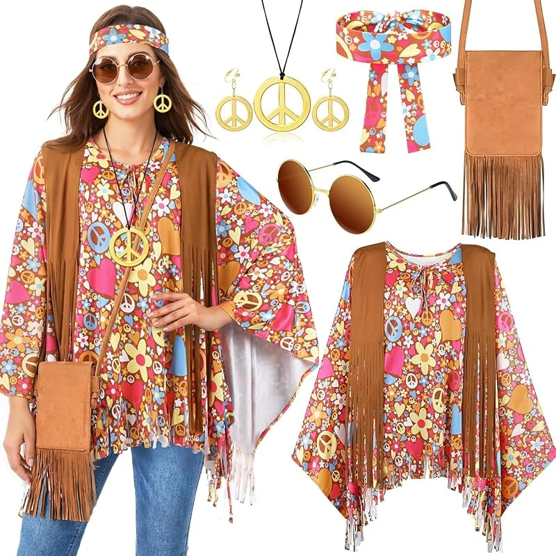 iZoeL Halloween Disfraz Hippie Disfraces Mujer 70s 80s complementos Top — Ropa Navidad