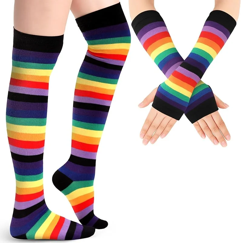 Blulu Calentadores de Brazos y Piernas Calcetines Medias hasta Rodilla a Rayas Guantes sin Dedos para Mujer — Decoracion Navidad