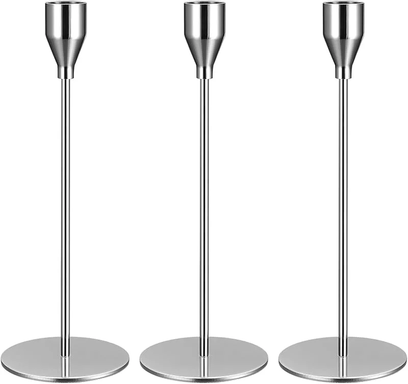 SZSIQI Juego de 3 Candelabros Plateados Decorativos de 24 cm, Metal Vintage, Cónicos para Cena de Boda Familiar — Cena a la luz de velas