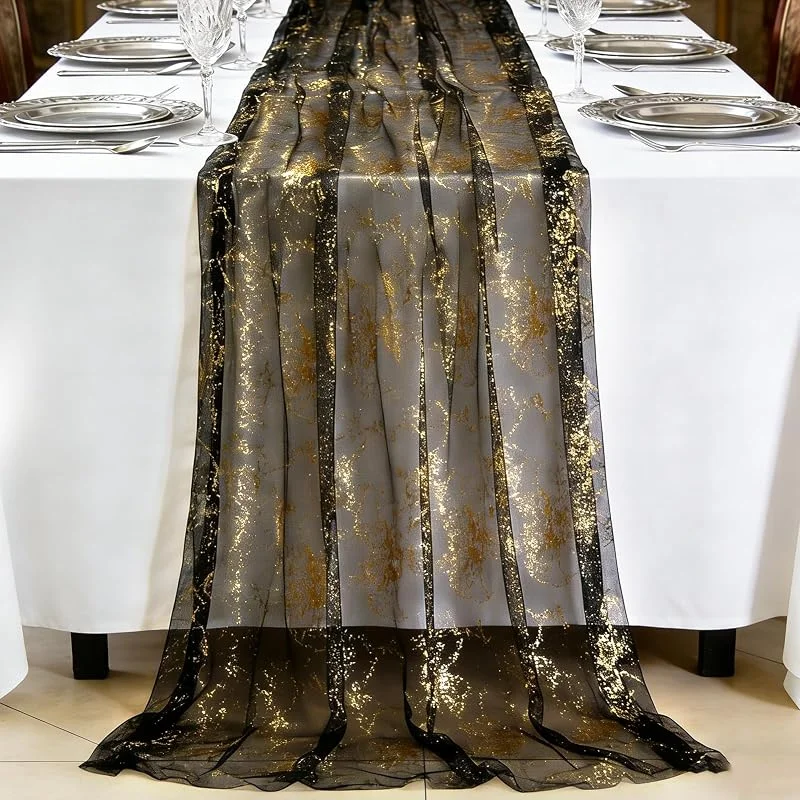 TaimeiMao Camino de Mesa Negro y Dorado 72 x 300 cm, Camino Mesa Gasa, Mantel de Gasa de Poliéster Elegante Decoración para Eventos Fiestas Comuniones Bautizo Vacaciones — Hogar y cocina