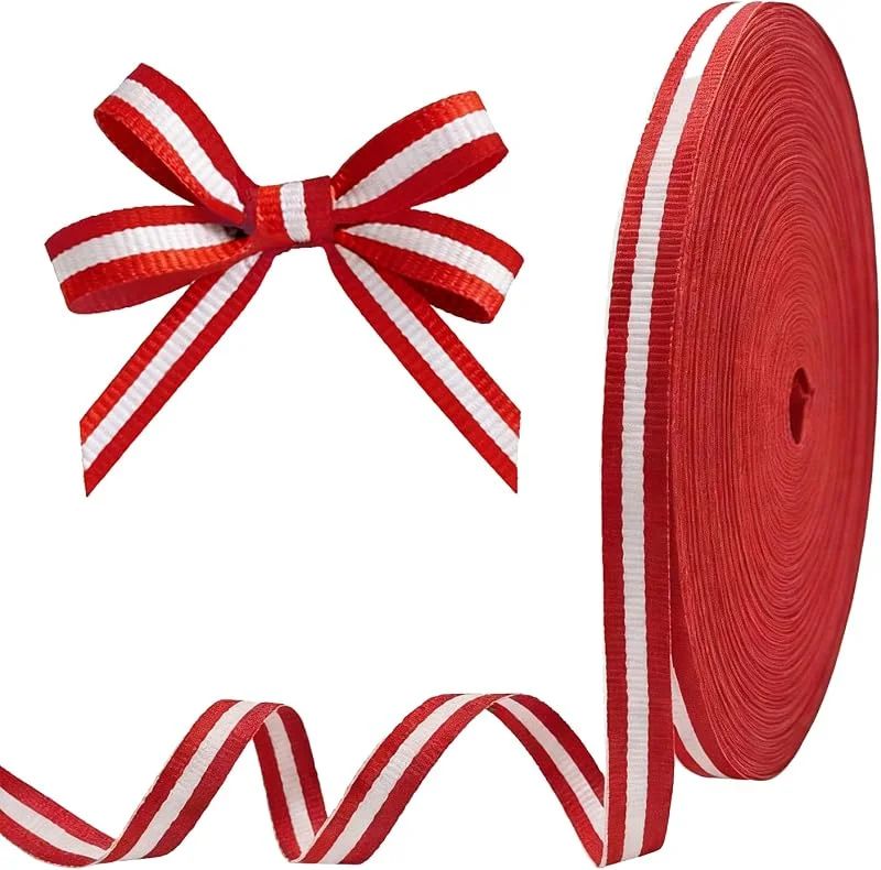BOFA Eco Tableware 1 Rollo Grosgrain Cinta de Roja y Blanca 50 m x 10 mm, Poliéster Cinta de Terciopelo Rojo a Rayas para Decoración de Navidad, Embalaje de Regalo, Decoración de Boda — Envoltorio regalo