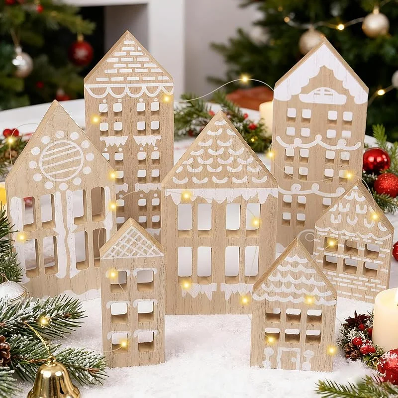 KIKVTER Adornos Navidad Madera, 7 Piezas Casas Navideñas, Casa de Navidad para Decorar, Casitas de Navidads con Luces LED, Navidads Decoración Casa, Decoracion navidads Mesa, Adornos Invernales — Adviento y mesa