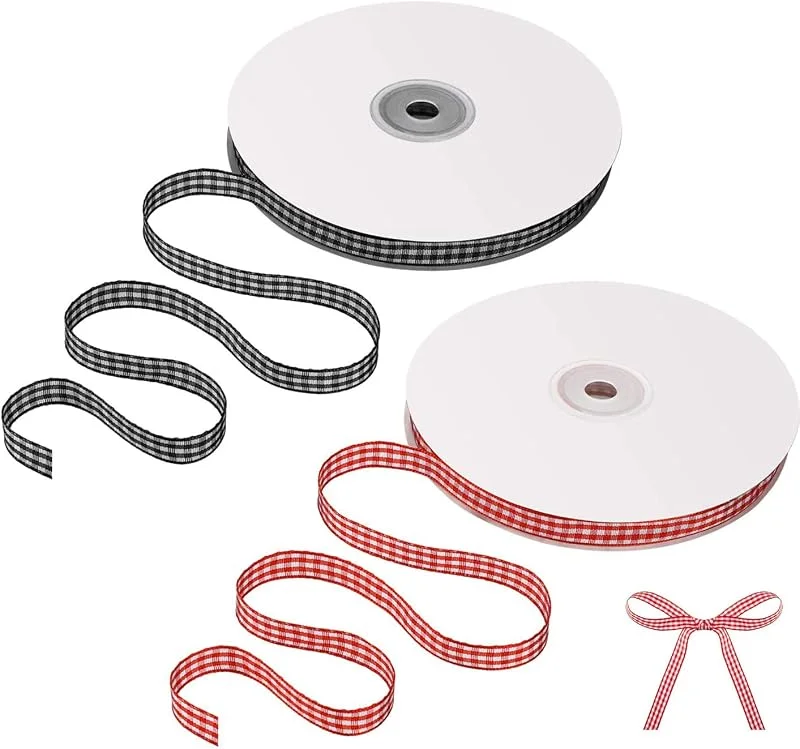 ABSOK Cinta a cuadros a cuadros para envolver, para accesorios de pelo, manualidades, decoración de regalos (1 rollo negro y 1 rollo rojo) — Envoltorio regalo