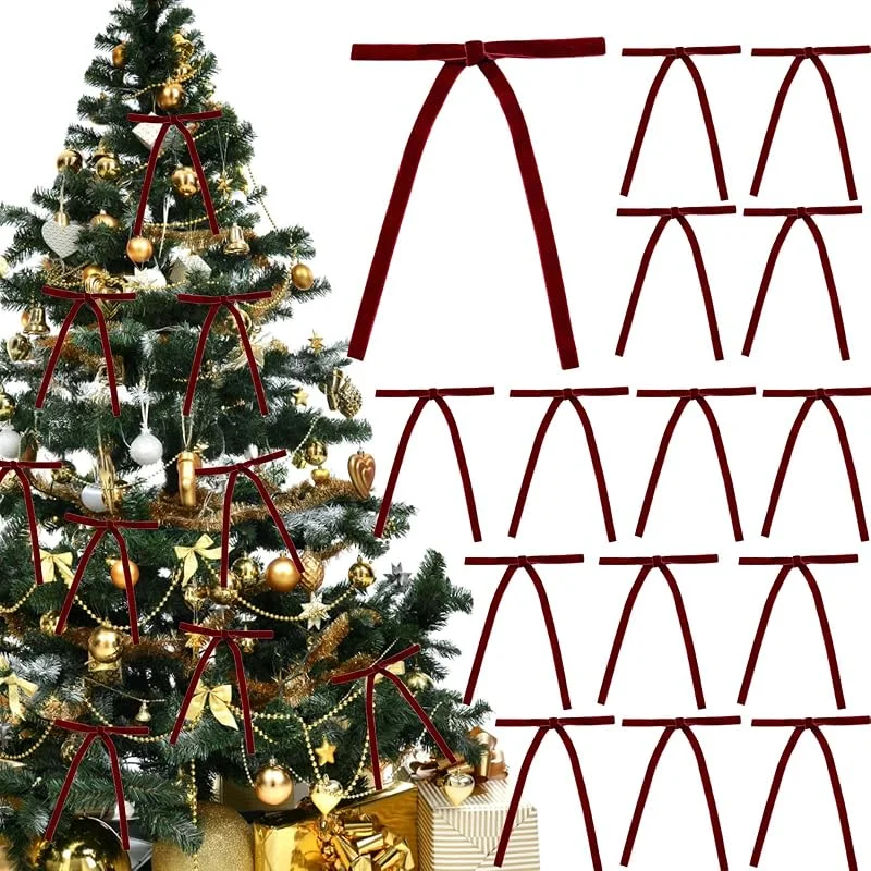 Yanmucy Lazos de Terciopelo para Árbol de Navidad, 24 Piezas Lazos de Cinta Brillantes para Decoraciones de Árbol de Navidad Lazos Burdeos para Decoración de Corona de Navidad, Envoltura de Regalos — Envoltorio regalo