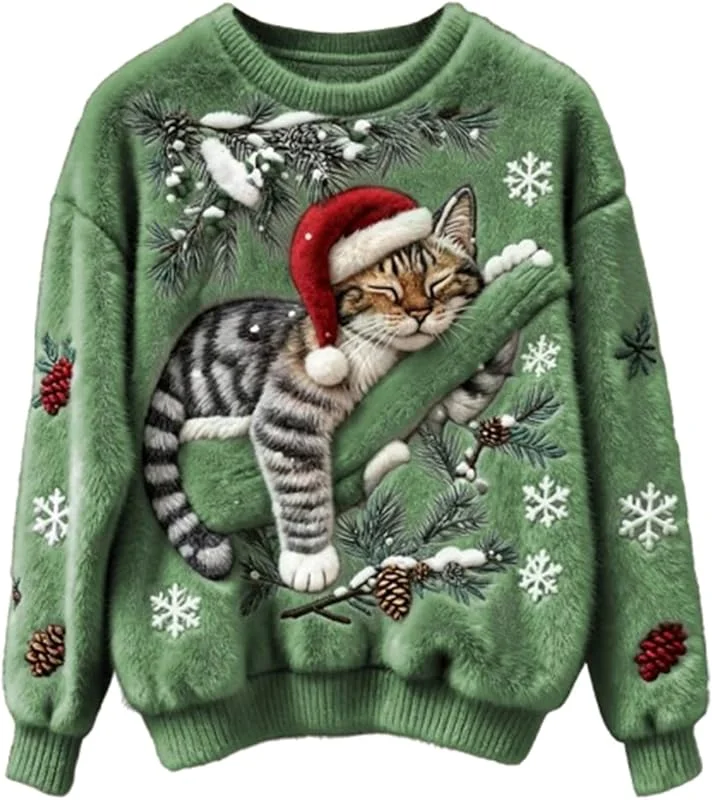 Genérico Suéter de Navidad para Mujer, Divertido y Lindo con Estampado de Gato y Perro, Sudadera de Franela de Forro Polar de Gran tamaño, suéter Acogedor para Vacaciones Comodidad — Ropa Navidad