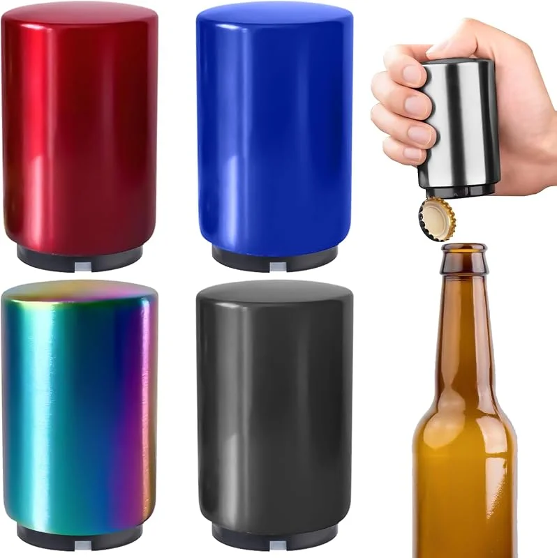 Leikurvo 4 abridores de botellas premium Push & Pull, abridor de cerveza en aspecto de acero inoxidable, abridor automático de botellas para hombres, idea de regalo para San Valentín, cumpleaños, fiesta — Vino y mesa festiva