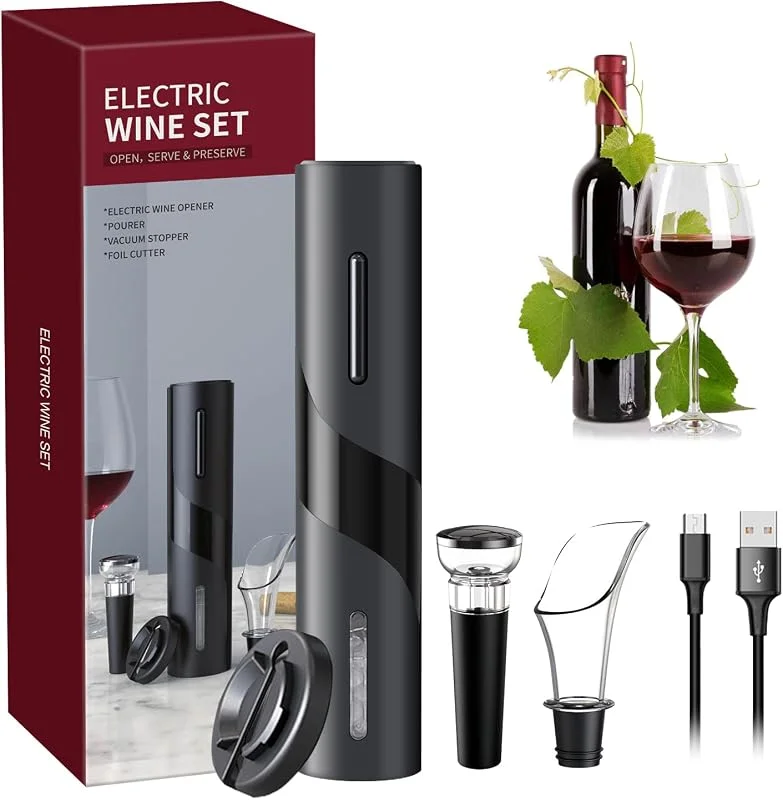 Visita la tienda de EBUYFIRE Sacacorchos Eléctrico, USB Recargable Automático Abridor de Botellas de Vino con Cortador de Papel, Vertedor, Tapón de Vacío, Profesional Abrelatas de Vino Set para Fiestas, cenas y Bodas — Vino y mesa festiva