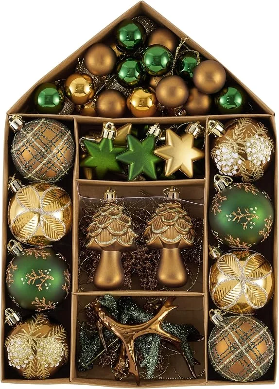 Visita la tienda de Valery Madelyn Valery Madelyn Bolas de Navidad de plástico, 70 unidades, paquete de regalo, bolas de árbol de Navidad, decoración de Navidad con colgador de tema de bosque, bronce verde (L) — Decoracion Navidad