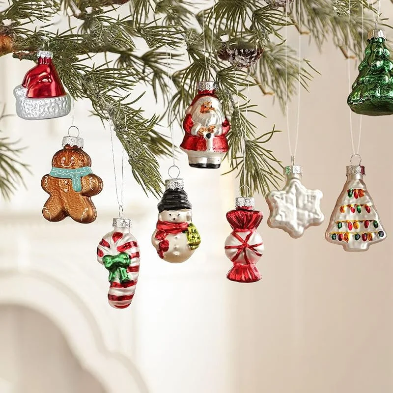 CCUUHJ Bolas de Navidad de cristal, 9 piezas, adornos para árbol de Navidad con caja de almacenamiento, figuras: Papá Noel, muñeco de nieve, Papá Noel, bastón de caramelo, muñeco de jengibre, copo de nieve — Decoracion Navidad