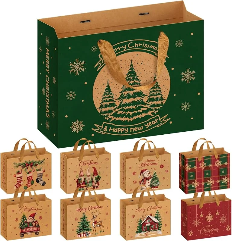 WUQNGI 9 Piezas Bolsas Regalo Navidad Grandes, XXL Bolsas Papel Kraft 50x40x20cm, Bolsas Navidad con Asas, Reutilizable Envoltorio Regalo Navidads, Sacos de Natal Para Niños