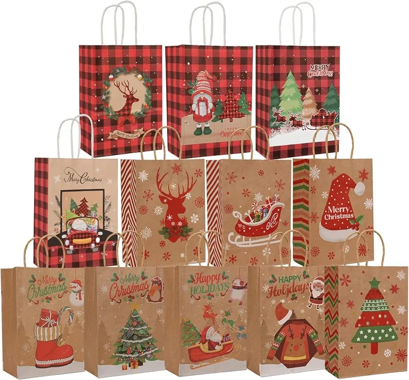 CSYY 12 bolsas de papel de Navidad con asa, bolsas de regalo de fiesta para suministros de Navidad, bolsas de regalo de fiesta de papel de Navidad para niños — Envoltorio regalo
