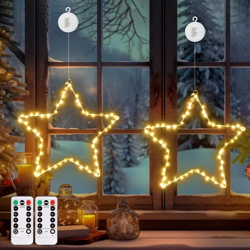 DBFAIRY Luces Estrella Ventana Navidad, Pack 2 Luces Estrella 120 LED, Alimentadas por Pilas con Temporizador y Ventosas, 8 Modos, Decoración Ventana para Balcón, Boda, Fiesta (Blanco Cálido) — Decoracion Navidad