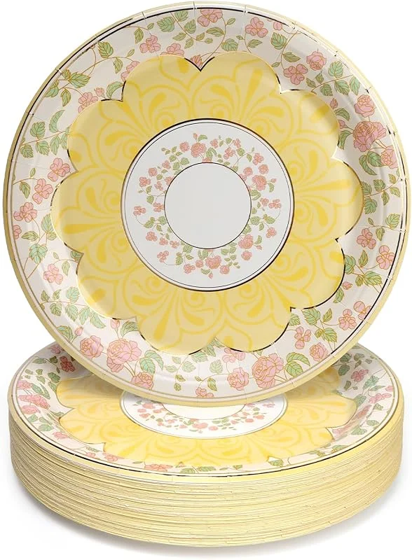 Visita la tienda de PARTY GO 50 platos de papel amarillos, platos de papel floral rosa, platos de té de la tarde para boda, cumpleaños, tarde, té, fiesta, decoración de mesa, servir para 50 invitados — Adviento y mesa