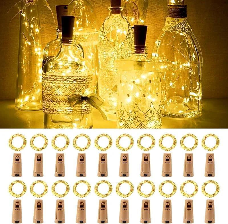 Bubuny Luces para Botellas LED 20 Piezas 2M 20 LEDs con Tapa de Corcho, Guirnaldas de Luces de Alambre de Cobre a Pilas, Luz Decorativa Blanco Cálido para Navidad, Bodas, Fiestas y Decoración — Luces Navidad