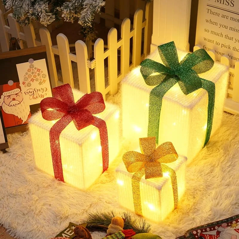 Visita la tienda de Aluusy Juego de 3 Cajas de Regalo Navidad con Luces, 50 LED Cajas Regalo Decorativo con Control Temporizador, 8 Modos Caja Iluminada Luces Navideña Decorativa para Árbol Navidad, Tela Afelpada Larga — Envoltorio regalo