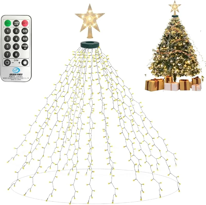 BeauFIvv Guirnalda luminosa para árbol de Navidad con anillo superior y adorno en forma de estrella, 450 LED, 2m de longitud ×18 cadenas, 8 modos de iluminación, para árboles de Navidad de 150 a 200cm — Luces Navidad