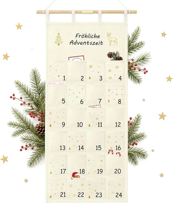 DazSpirit Calendario de Adviento para rellenar de tela 2026, 24 bolsillos — Adviento y mesa