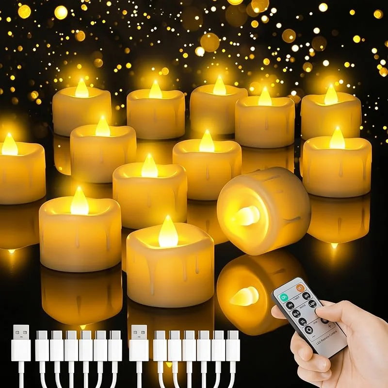 Buudala Velas LED Calientaplatos con Función de Temporizador, 6-in-1 Cable de Carga USB-C y Control Remoto, Recargables para Decoración de Halloween, Navidad y Fiestas (LED Cálida - Vela Blanca, 12) — Decoracion Navidad
