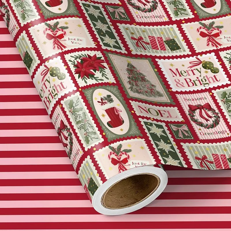 Visita la tienda de RUSPEPA RUSPEPA Mini rollo de papel de regalo navideño reversible, diseño de rayas rojas y rosas y sellos postales vintage, papel de papel de regalo navideño para niñas y fiesta de invierno, – 43, 2cm x 5m — Envoltorio regalo