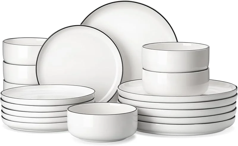 Visita la tienda de MALACASA MALACASA Vajillas Completas Modernas 18 Piezas, Juegos de Platos con Borde Negro para 6 Personas con 6 Plato, Plato de Postre, Cuencos de Cereales, Apto para Microondas y Lavavajillas, Serie LUNA — Adviento y mesa