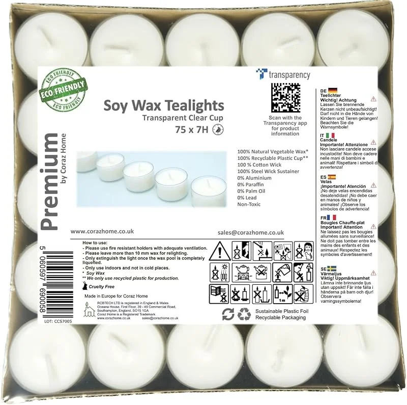 Coraz Home Velas de Cera de Soja Premium Candelas en Taza Tansparente con Luces Nocturnas No Tóxicas Sin Perfume de Cera Blanca (75 Candelas - 7 Horas) — Cena a la luz de velas