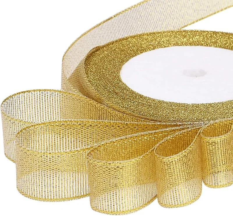 CENPEK Rollo de cinta de Navidad dorada con purpurina para envolver regalos, cintas de organza para manualidades, árbol de Navidad (22, 9 m x 20 mm de ancho) — Envoltorio regalo