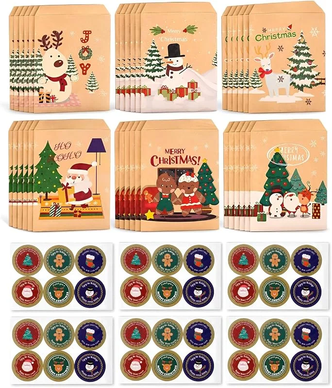 BIVYAX 30 Bolsas Pequeñas de Papel Kraft de Navidad, Bolsas Autoadhesivas para Caramelos y Snacks, Motivos de Reno, Muñeco de Nieve, Hombre de Jengibre y Papá Noel (6 cada), con 6 Pegatinas de Navidad — Envoltorio regalo