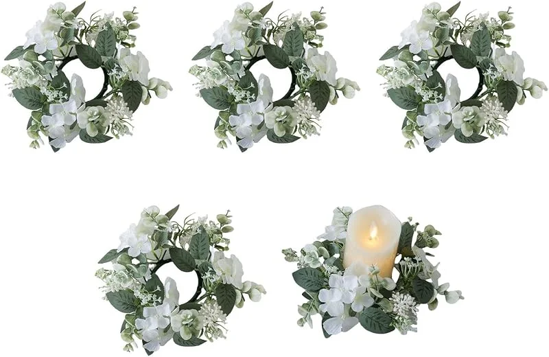 Huilimei 5 Piezas Anillos de Velas de 25 cm Coronas, Corona de Hortensia Artificial Coronas de Velas para Pilares Navidad Boda Hogar Mesa Fiesta Decoración (Blanco) — Adviento y mesa