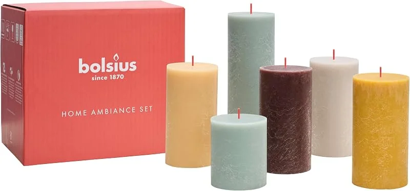 Visita la tienda de Bolsius Bolsius Juego de regalo de velas rústicas, ambiente nórdico, caja de 6, largo tiempo de combustión, para el hogar, decoración de interiores, sin perfume — Cena a la luz de velas