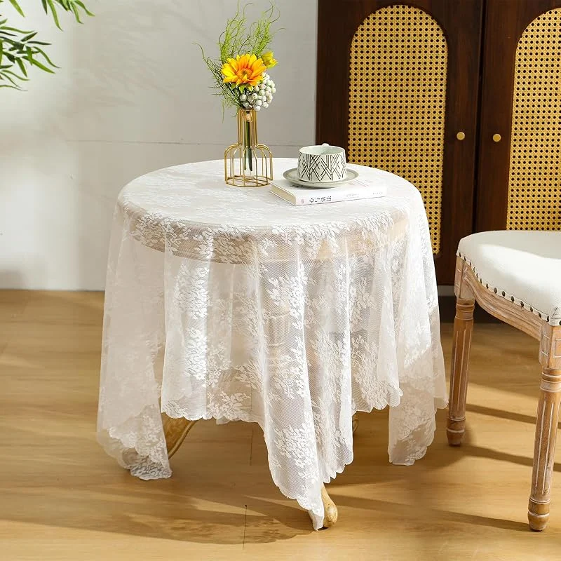 KMQRDZi Mantel de mesa redondo blanco con encaje, mantel de encaje calado, mantel floral vintage elegante bordado para decoración de mesa de boda, fiesta, vacaciones, hogar, 150 cm, 60 pulgadas (Blanco B) — Hogar y cocina