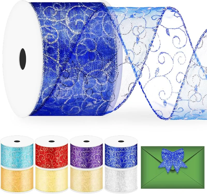 Glarks 1 rollo de 6, 3 cm x 9, 15 m, color azul, cinta de organza con alambre de purpurina, cinta de organza con borde metálico para decoración de árbol de Navidad, paquete de regalo — Envoltorio regalo