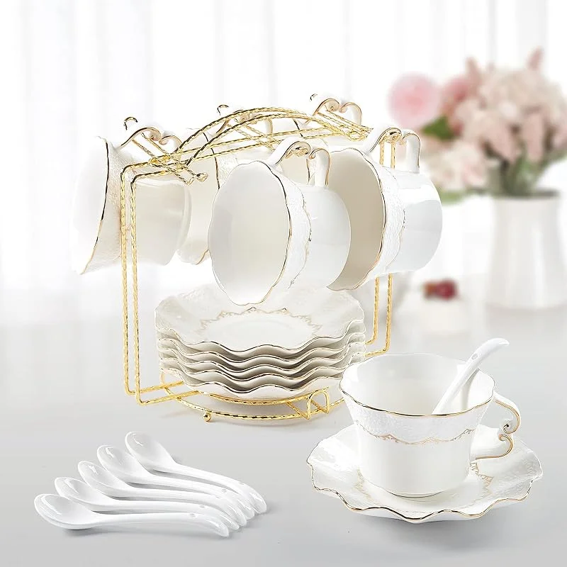 Visita la tienda de DUJUST DUJUST Juego de 6 tazas y platillos (200 ml), taza de lujo con ribete dorado, tazas con estampado en relieve, juego de porcelana real británica para fiesta de té - blanco — Adviento y mesa